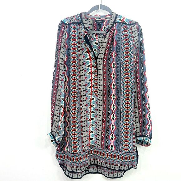 Tolani NATASHE Gray Red 100% Silk Tribal Western Ethnic Flowy Tunic Mini Dress - Picture 4 of 13